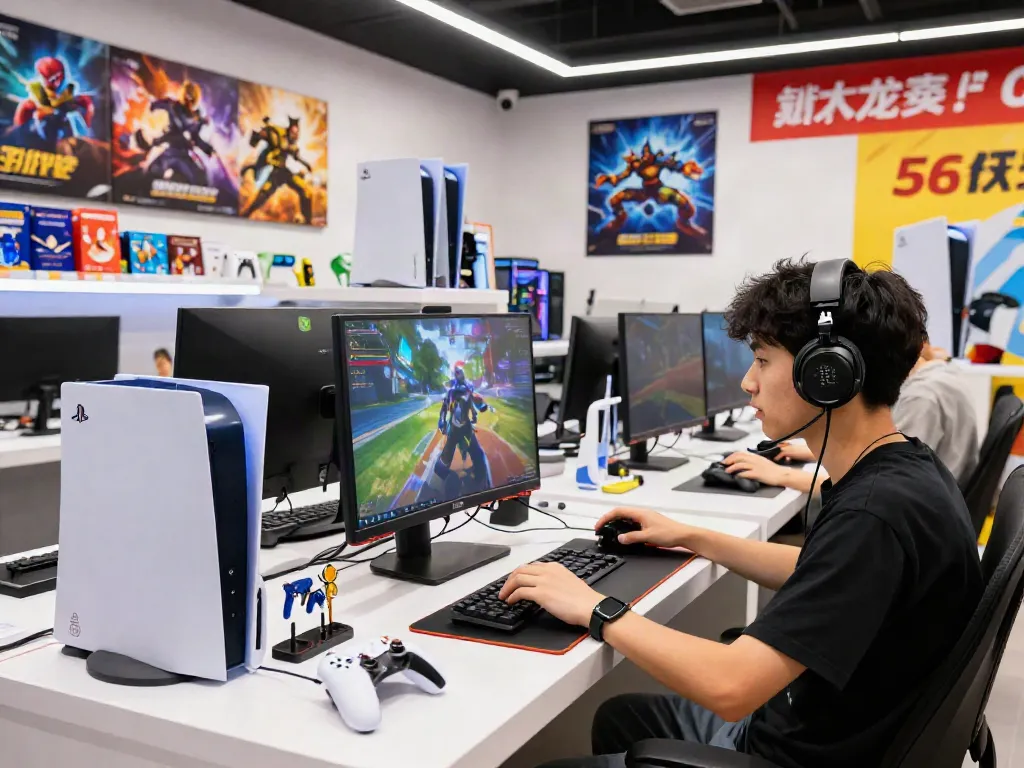 rokok88 gaming merchandise displayed in a modern store with an engaged gamer