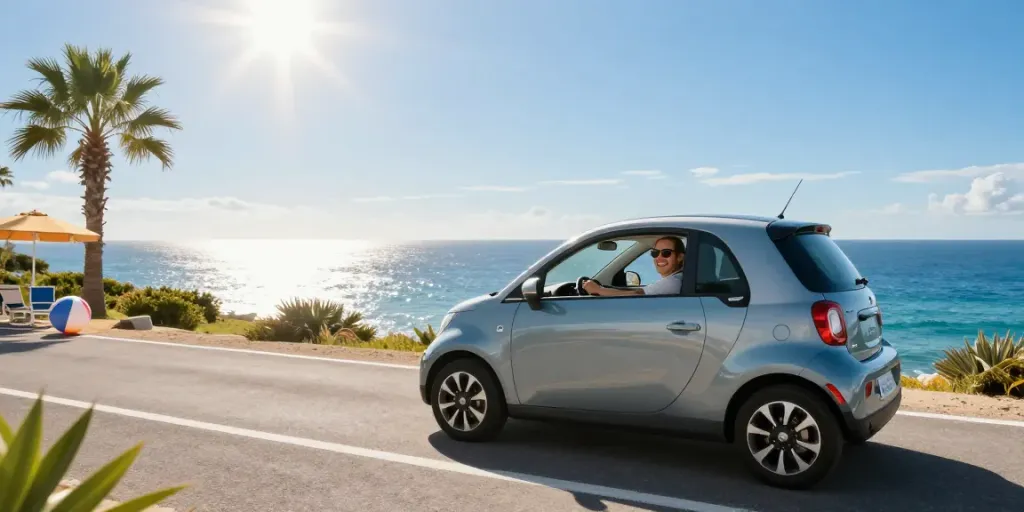 Scena di noleggio lungo termine Aixam, conducente felice al volante di una minicar lungo una strada costiera.