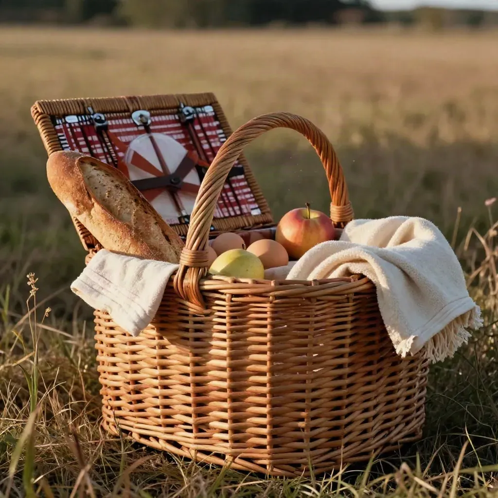 Cestino da picnic chiuso nell'erba secca con pane rustico, uova, frutta e lino, luce pomeridiana.