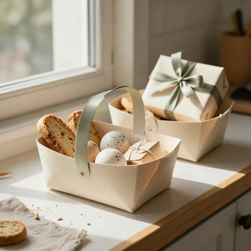 Cestini di carta con ovetti, biscotti e piccoli regali su un davanzale luminoso.