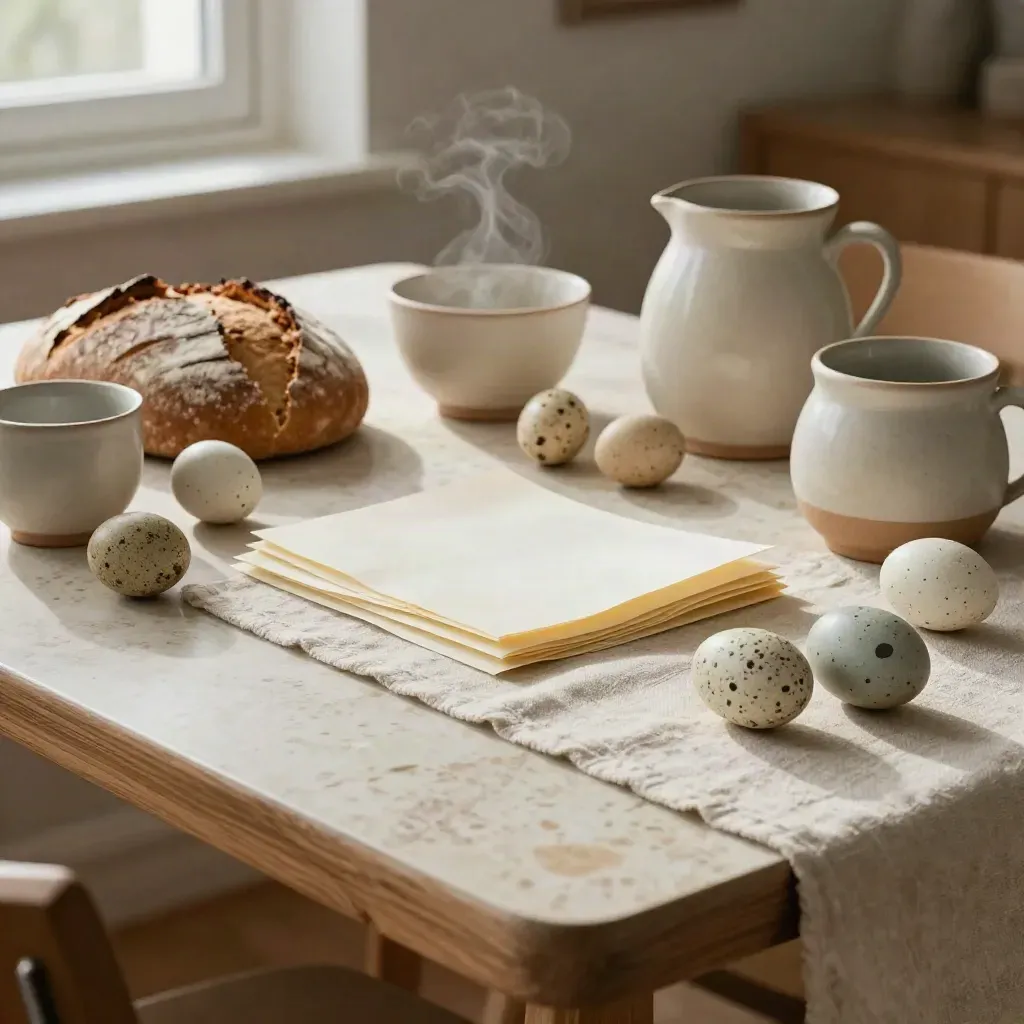 Tavola di Pasqua con uova naturali, pane rustico, centro carta e ceramiche neutre.