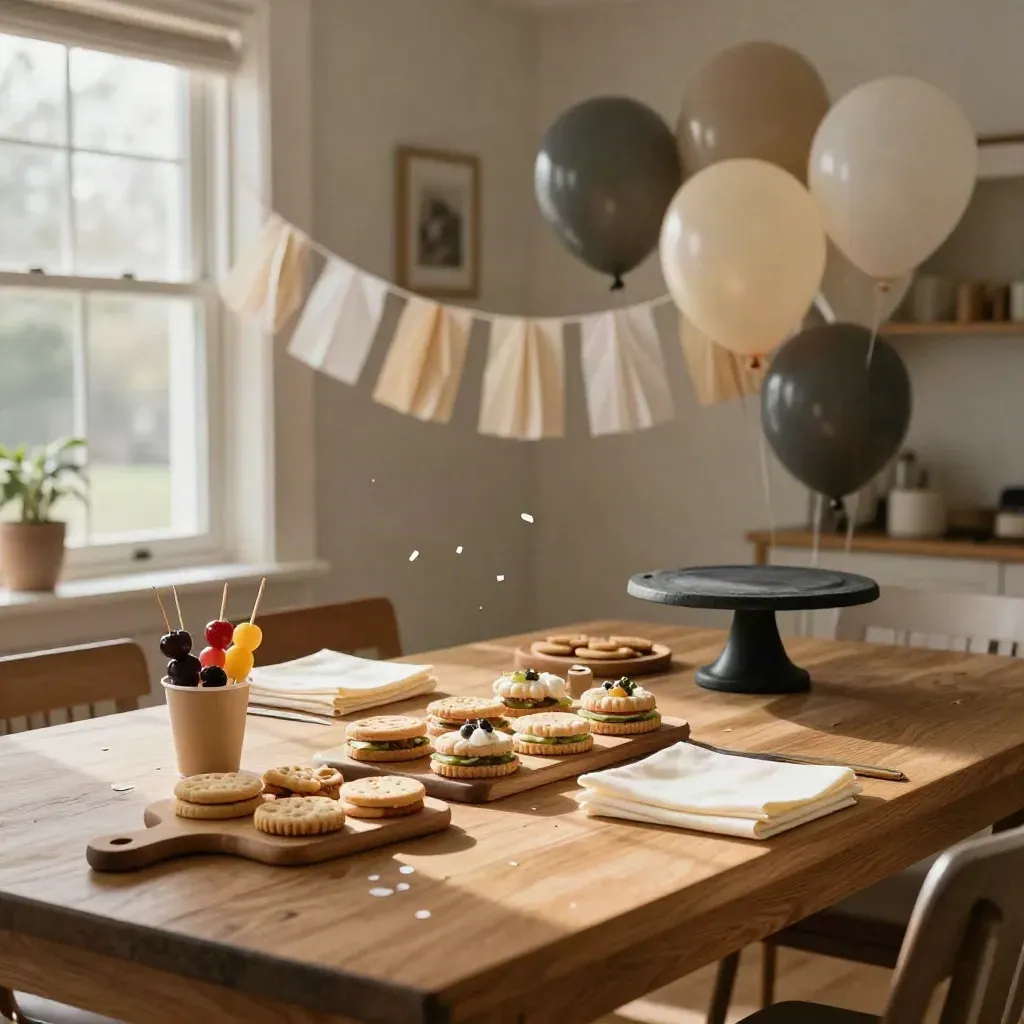 Tavola per festa bimbi con snack fatti in casa, ghirlande di carta, palloncini opachi e tovaglioli piegati.