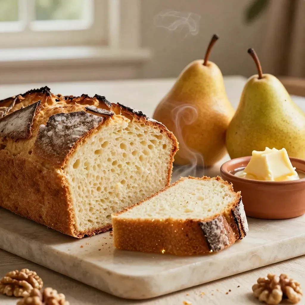 Dolce appena tagliato con pane rustico, pere mature e burro in ciotolina terracotta