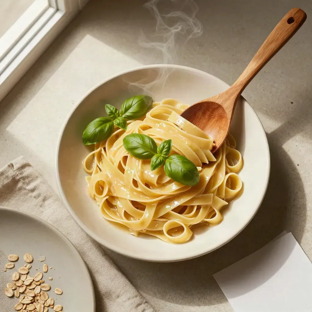 Ciotola di tagliatelle fresche, mestolo di legno, basilico e piatto in ceramica su pietra chiara.