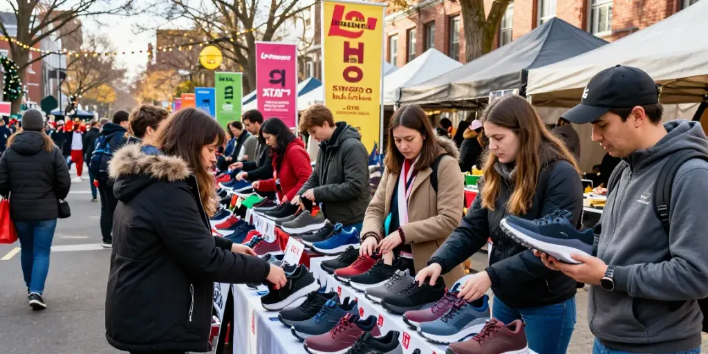 Promo del Black Friday U-Power con clienti entusiasti che provano scarpe di sicurezza in un vivace mercato.